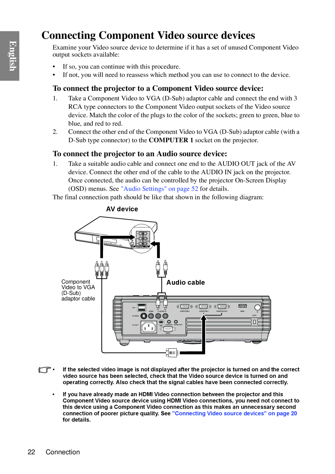 BenQ MP670 Connecting Component Video source devices, To connect the projector to a Component Video source device 