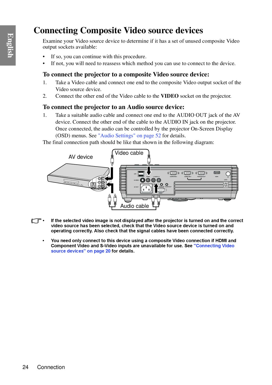 BenQ MP670 Connecting Composite Video source devices, To connect the projector to a composite Video source device 