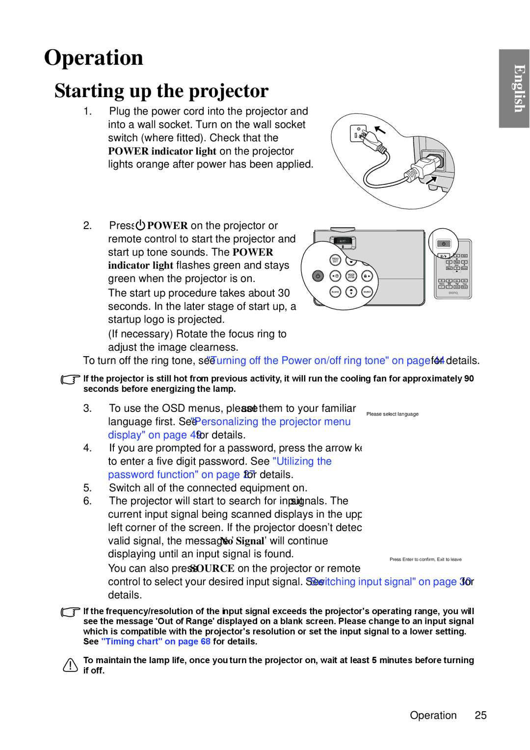 BenQ MP670 user manual Operation, Starting up the projector 