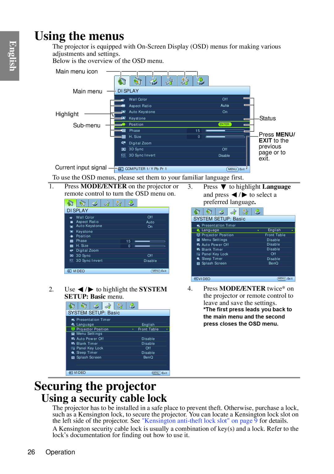 BenQ MP670 user manual Using the menus, Securing the projector, Using a security cable lock 