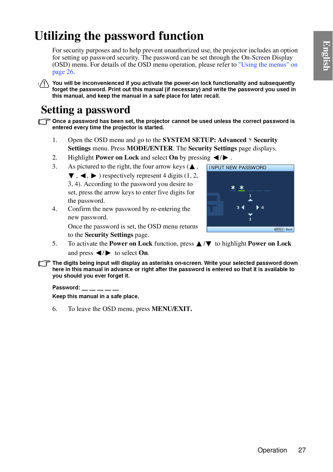 BenQ MP670 user manual Utilizing the password function, Setting a password 