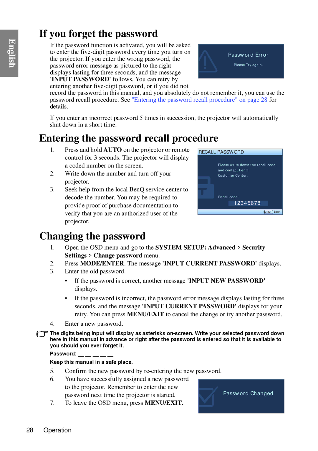 BenQ MP670 user manual If you forget the password, Entering the password recall procedure, Changing the password 