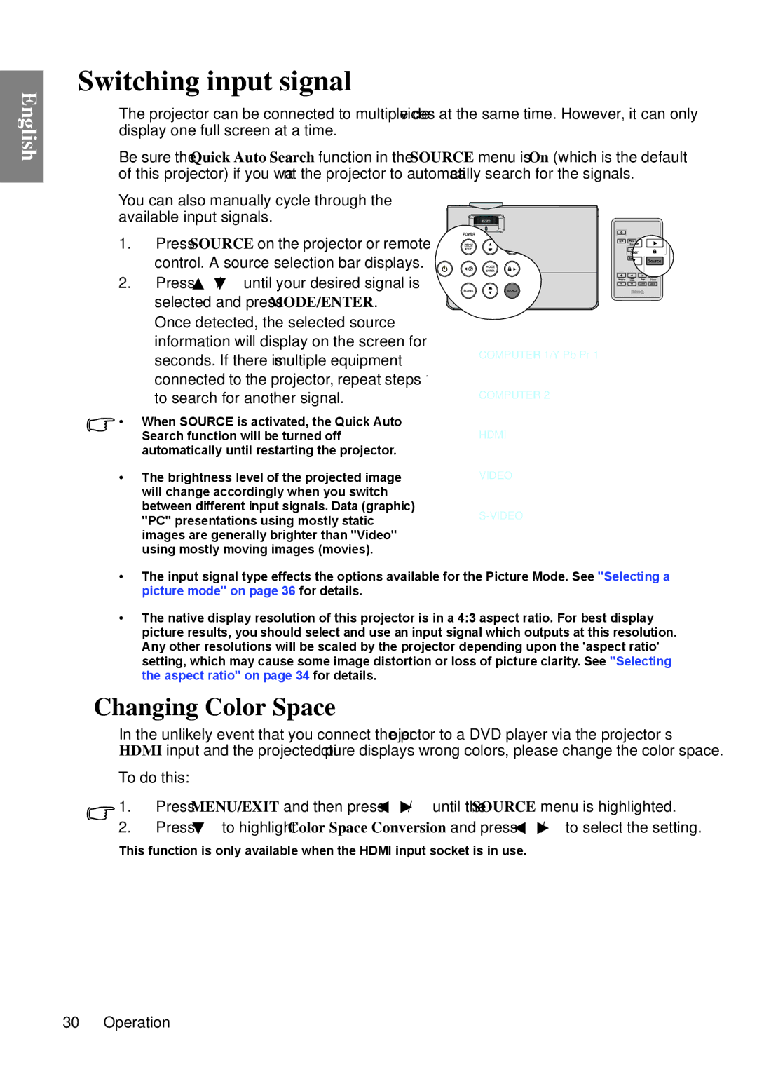 BenQ MP670 user manual Switching input signal, Changing Color Space 