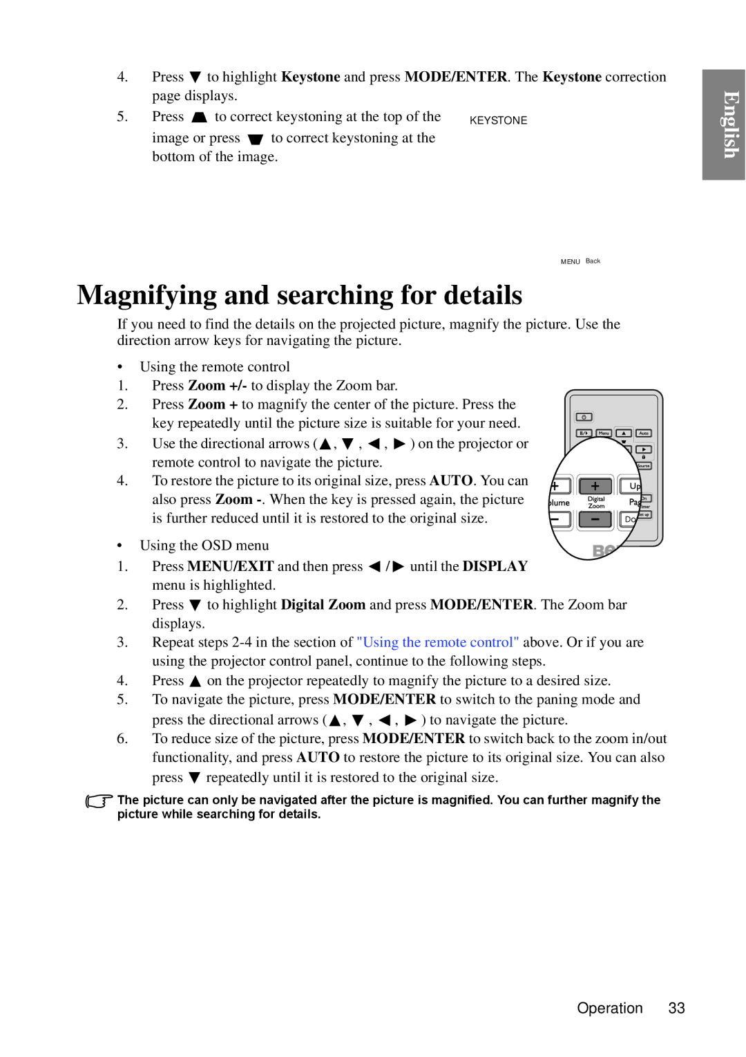 BenQ MP670 user manual Magnifying and searching for details 