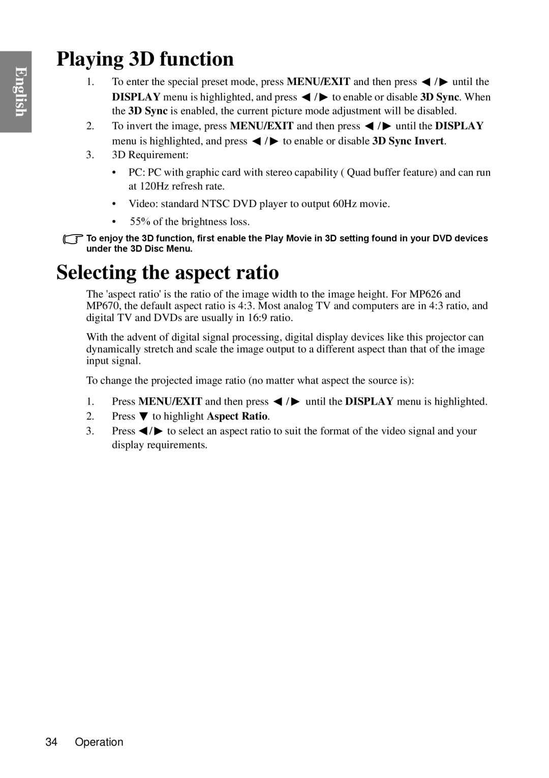 BenQ MP670 user manual Playing 3D function, Selecting the aspect ratio 