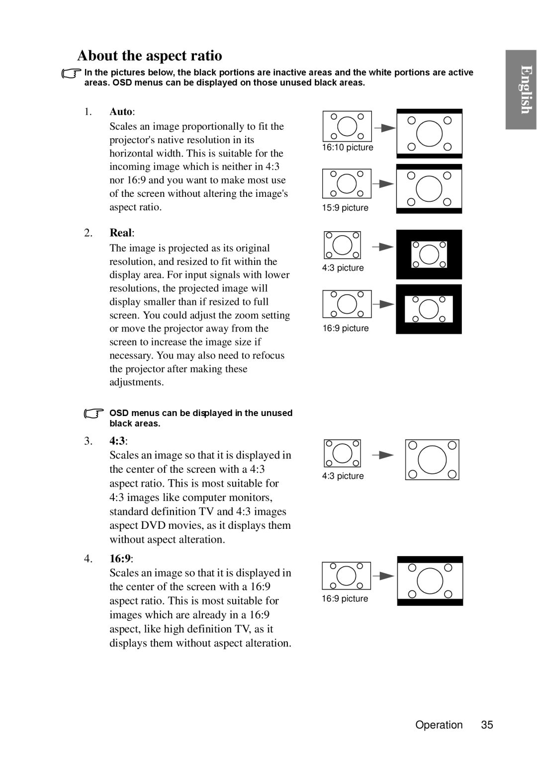 BenQ MP670 user manual About the aspect ratio, Real 