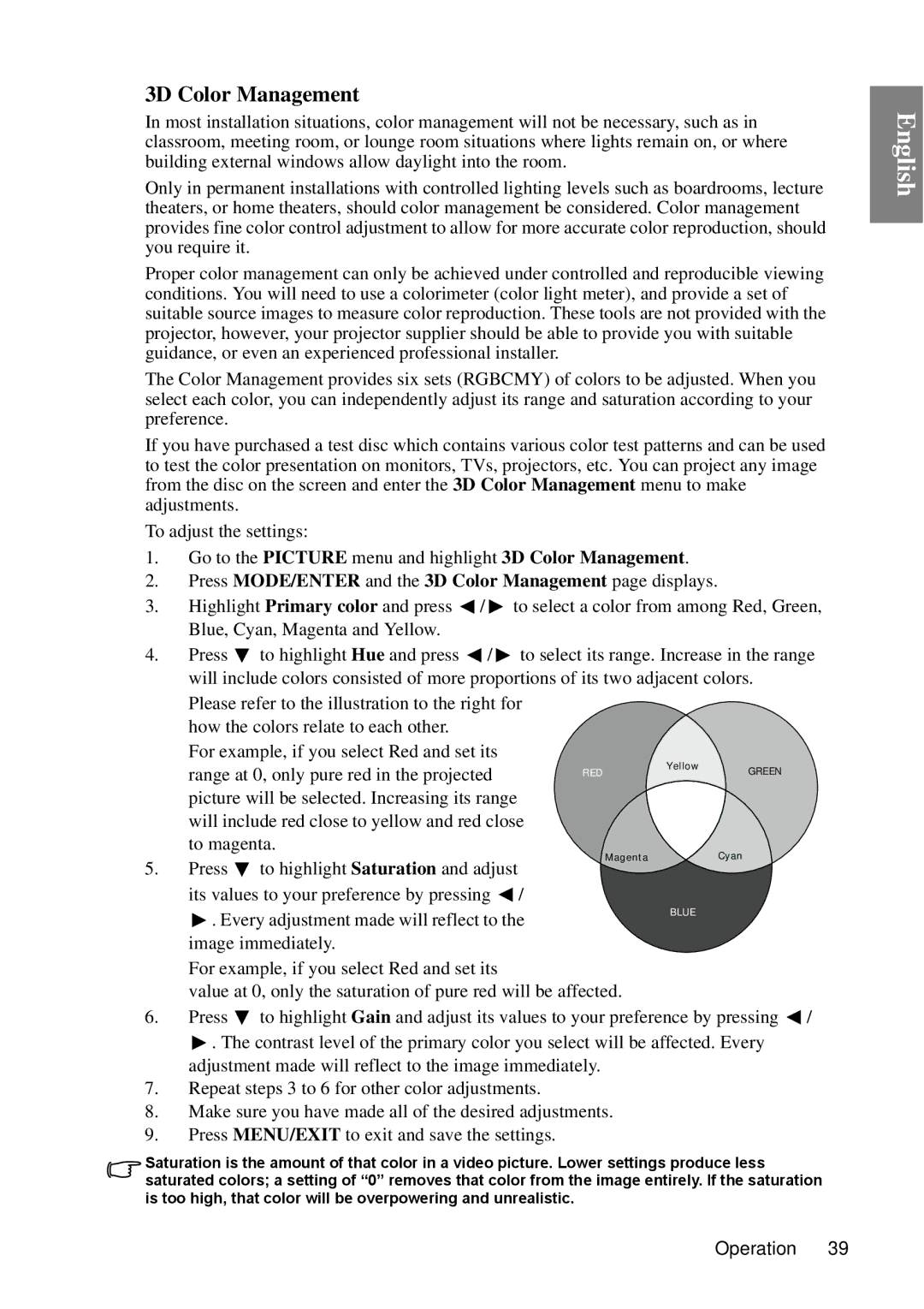 BenQ MP670 user manual Press MODE/ENTER and the 3D Color Management page displays 