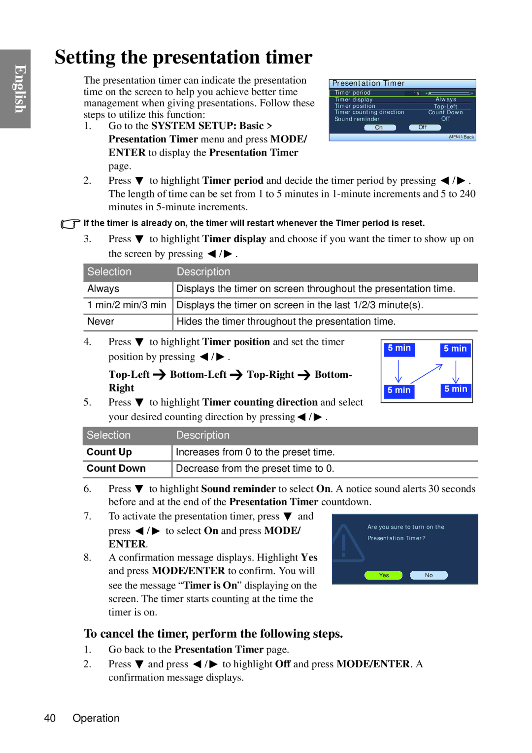 BenQ MP670 Setting the presentation timer, To cancel the timer, perform the following steps, Go to the System Setup Basic 