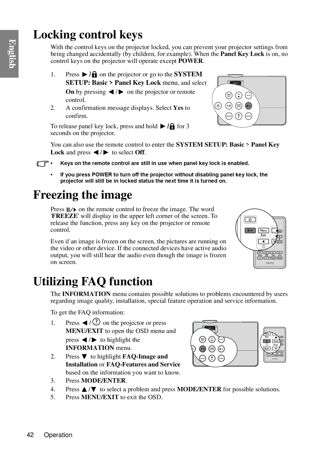 BenQ MP670 Locking control keys, Freezing the image, Utilizing FAQ function, Setup Basic Panel Key Lock menu, and select 