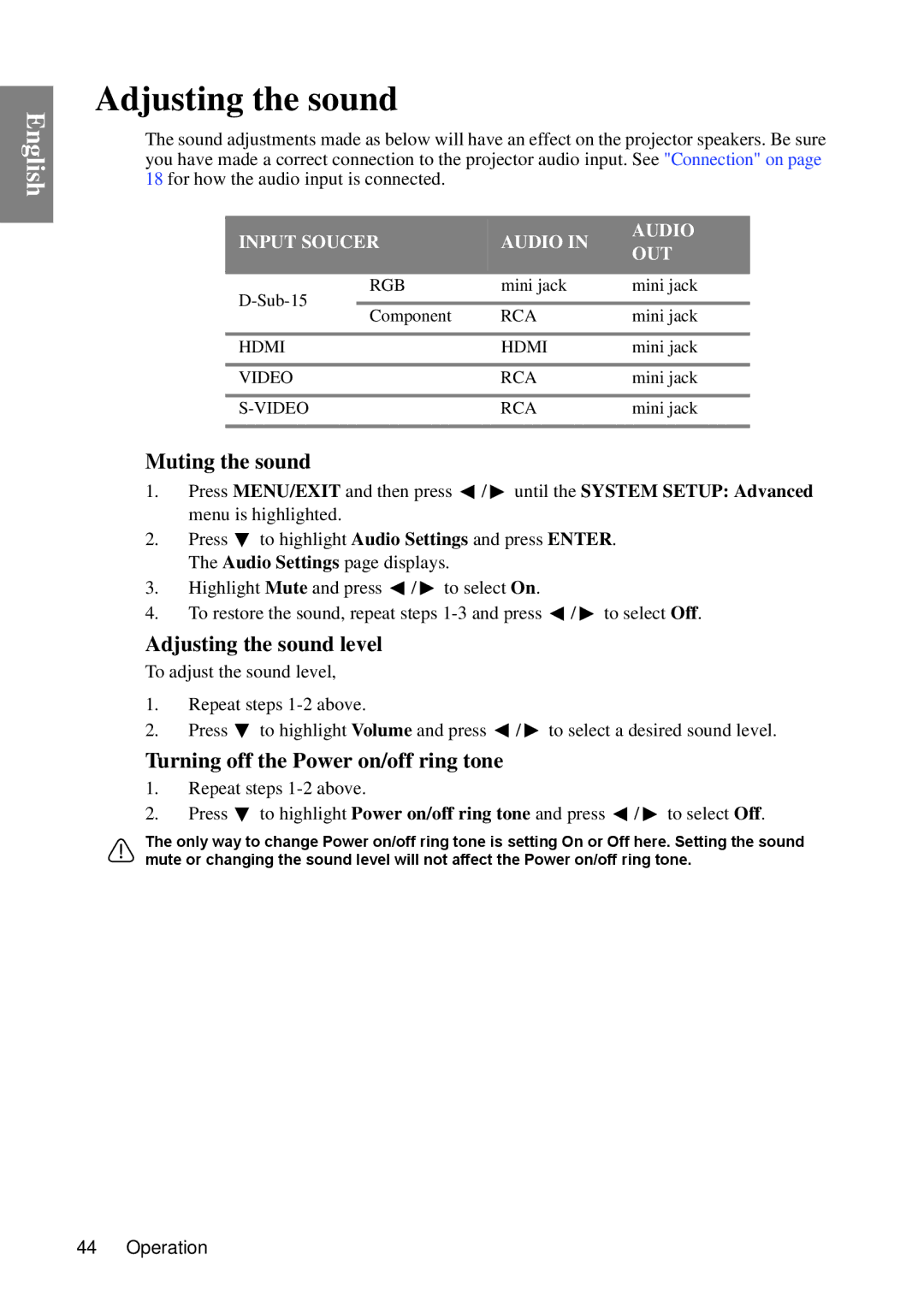 BenQ MP670 user manual Muting the sound, Adjusting the sound level, Turning off the Power on/off ring tone 