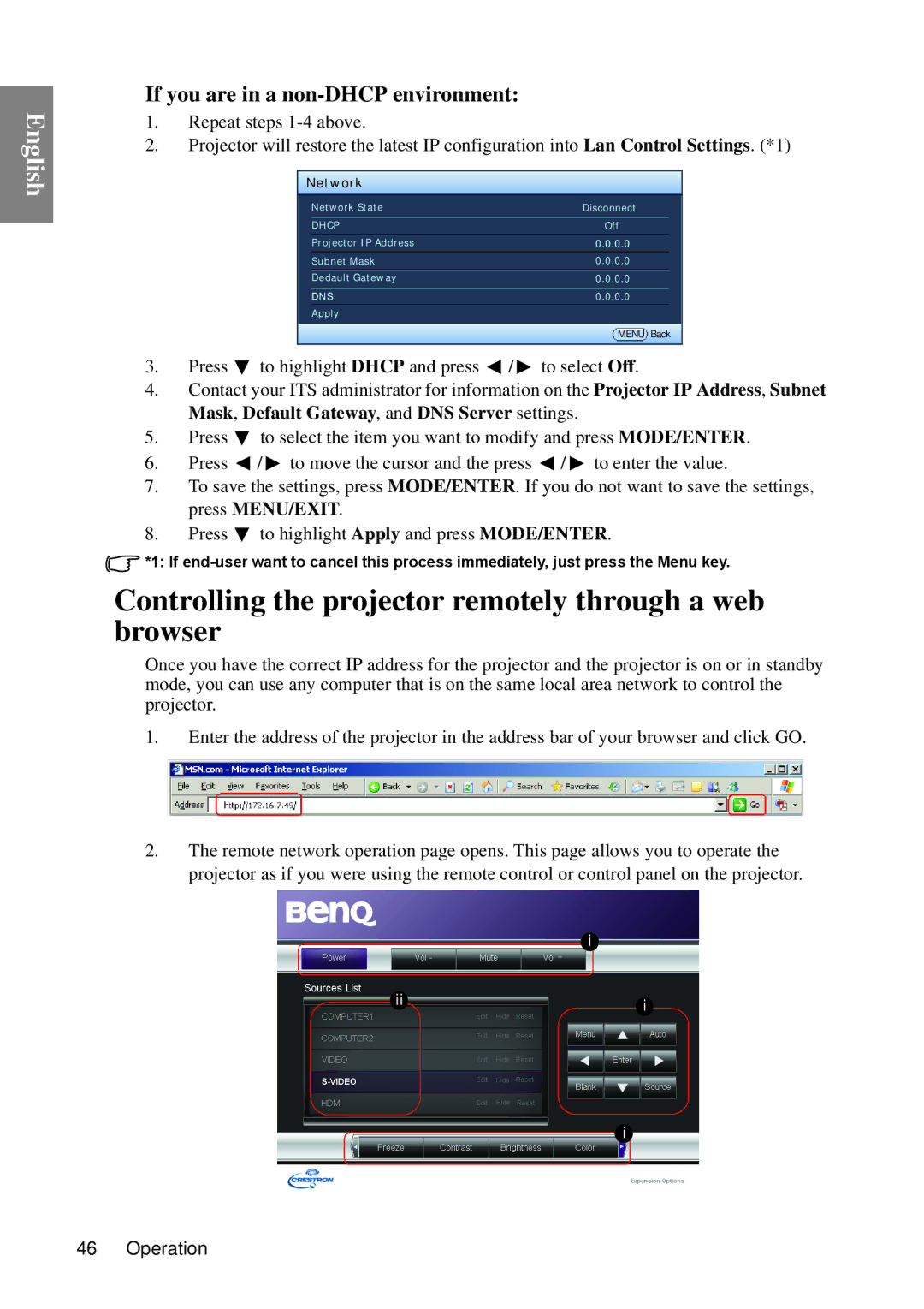 BenQ MP670 user manual Controlling the projector remotely through a web browser, If you are in a non-DHCP environment 