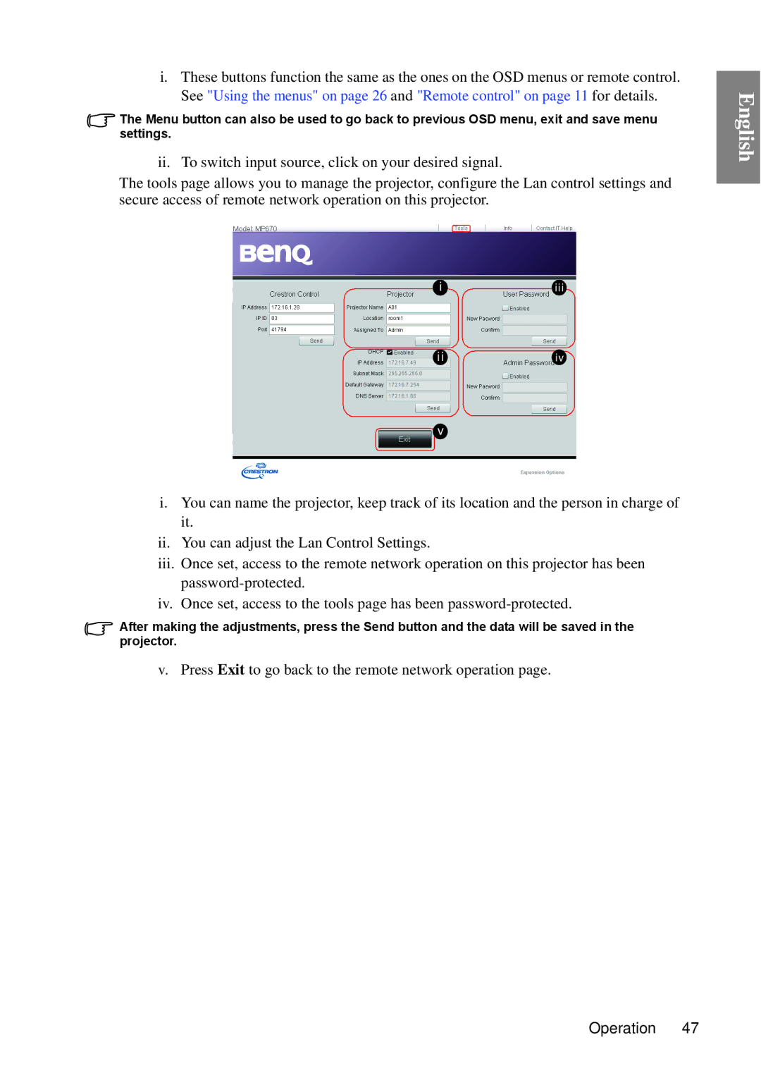 BenQ MP670 user manual Press Exit to go back to the remote network operation 