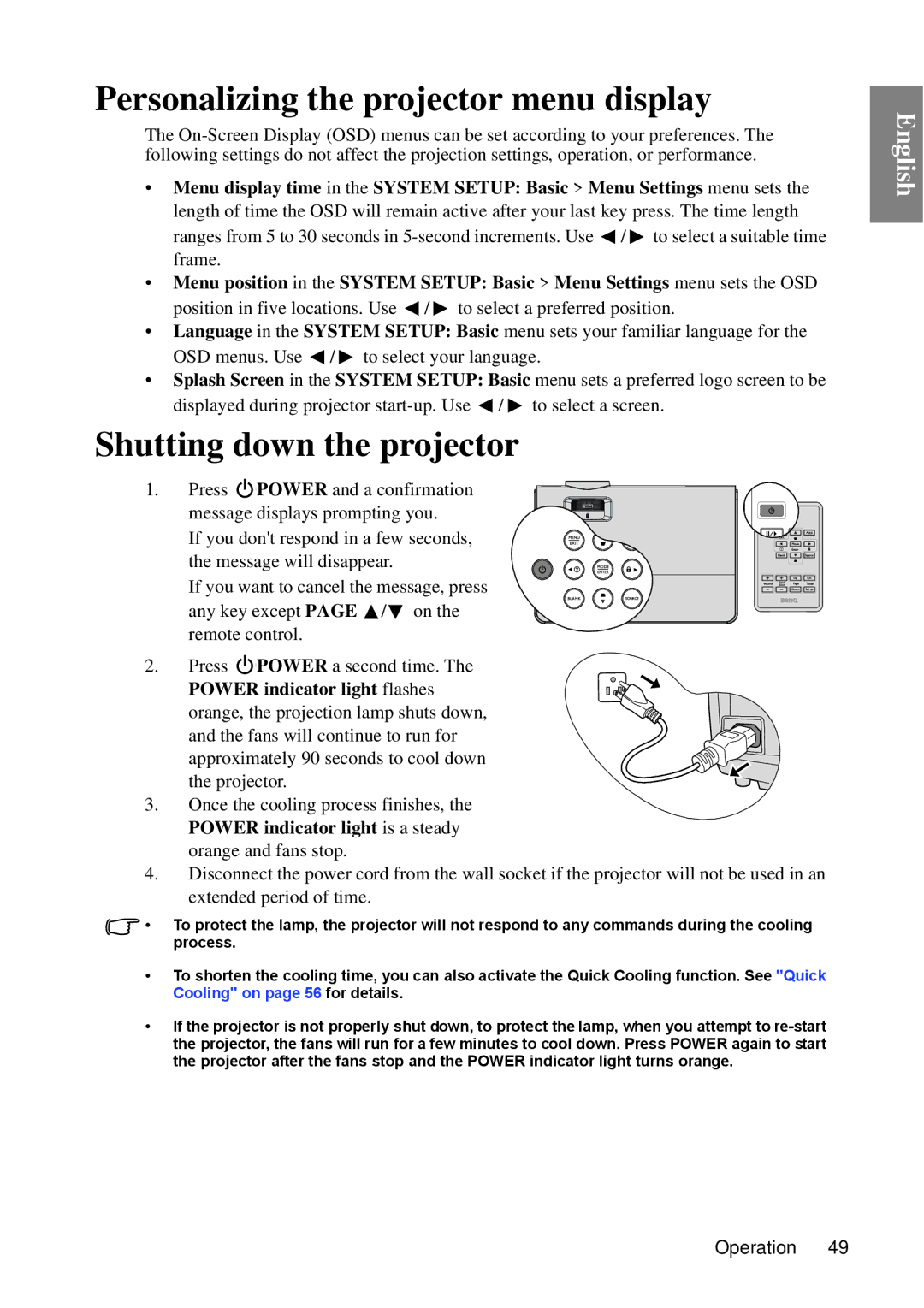 BenQ MP670 user manual Personalizing the projector menu display, Shutting down the projector 