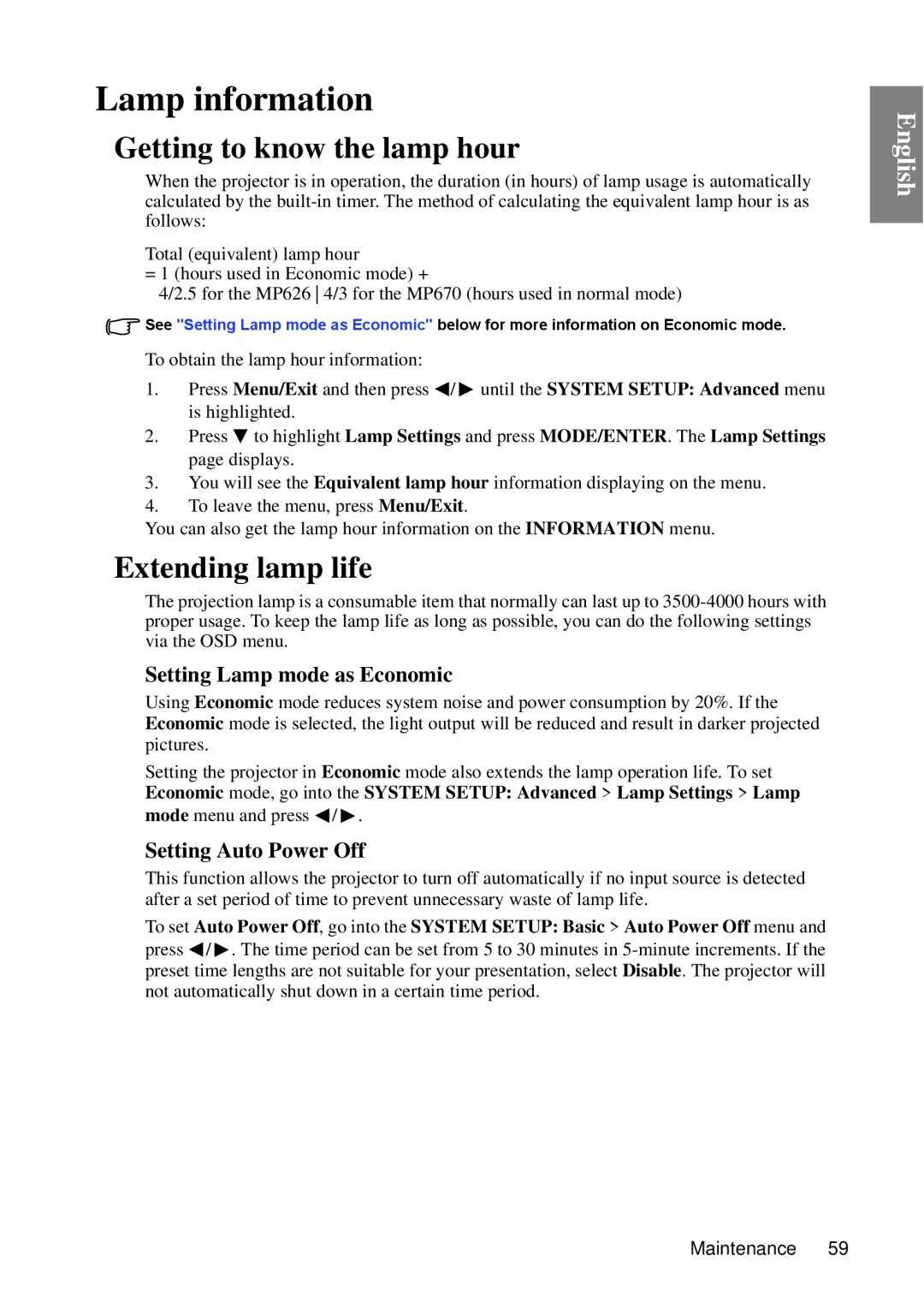 BenQ MP670 user manual Lamp information, Getting to know the lamp hour, Extending lamp life, Setting Lamp mode as Economic 