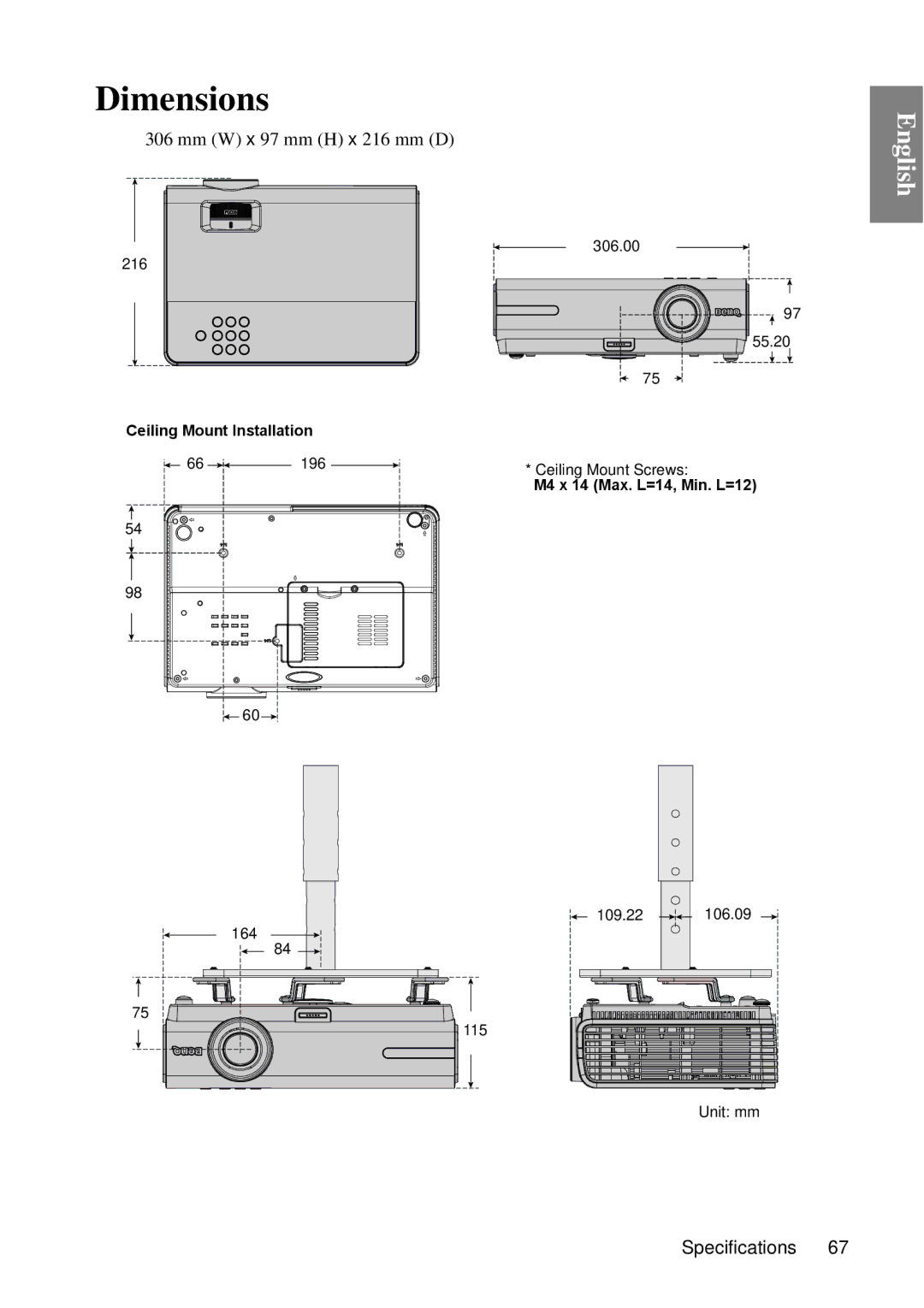 BenQ MP670 user manual Dimensions 