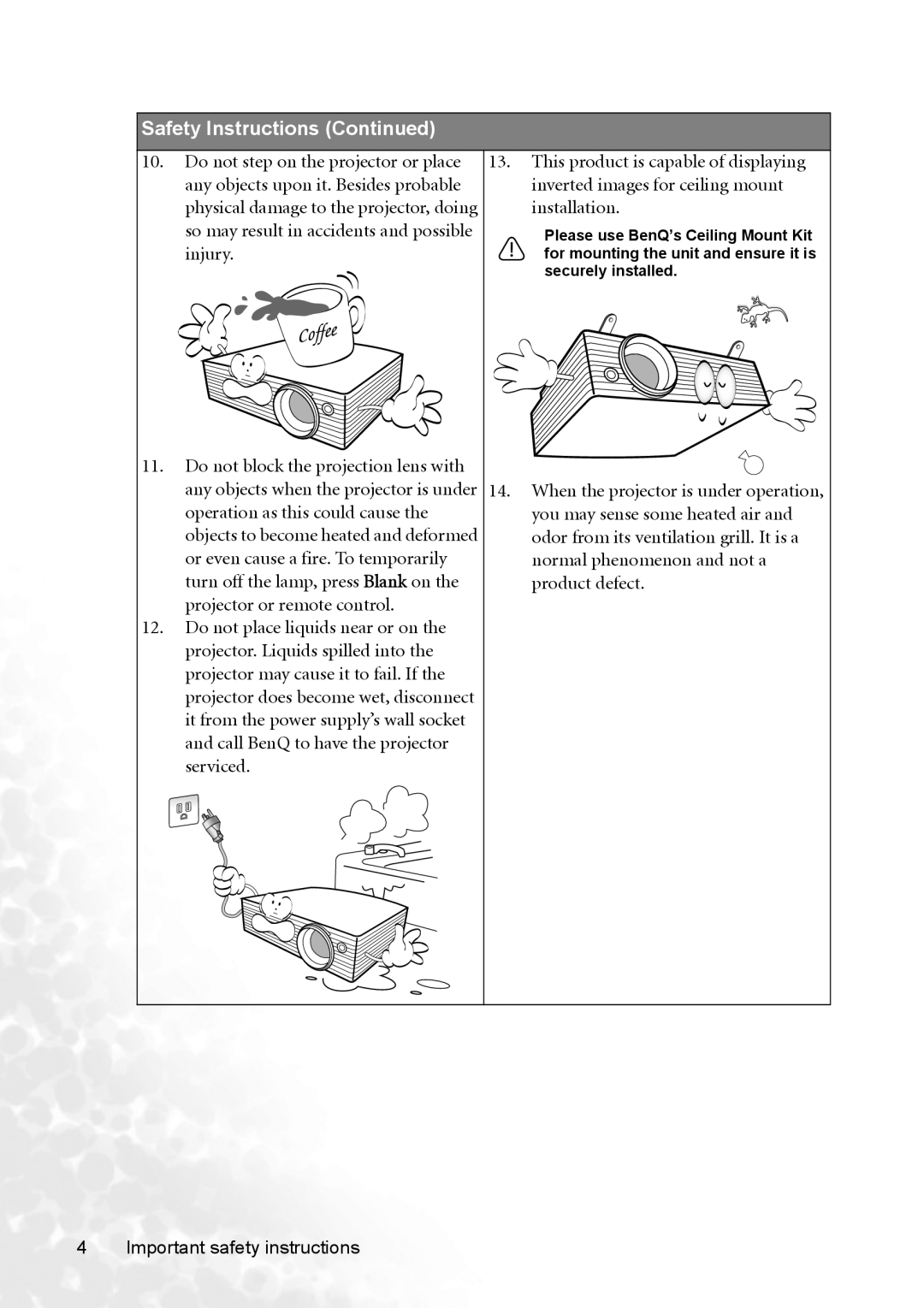 BenQ MP720 user manual Safety Instructions 