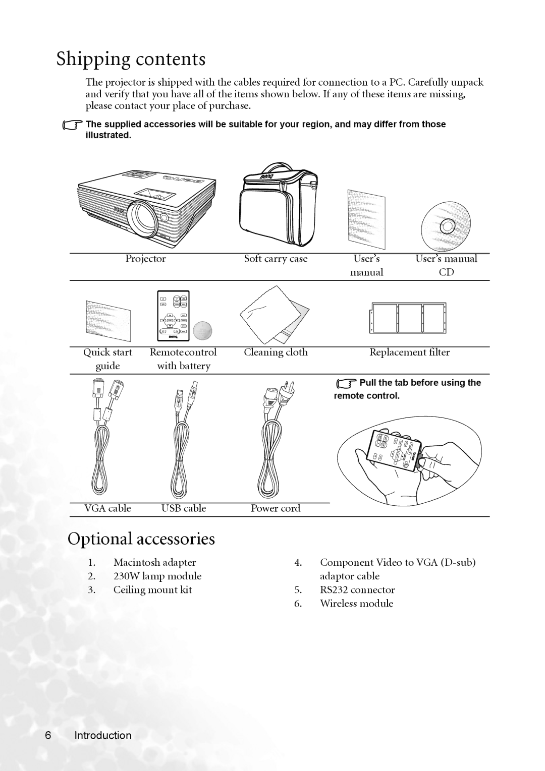 BenQ MP720 user manual Shipping contents 