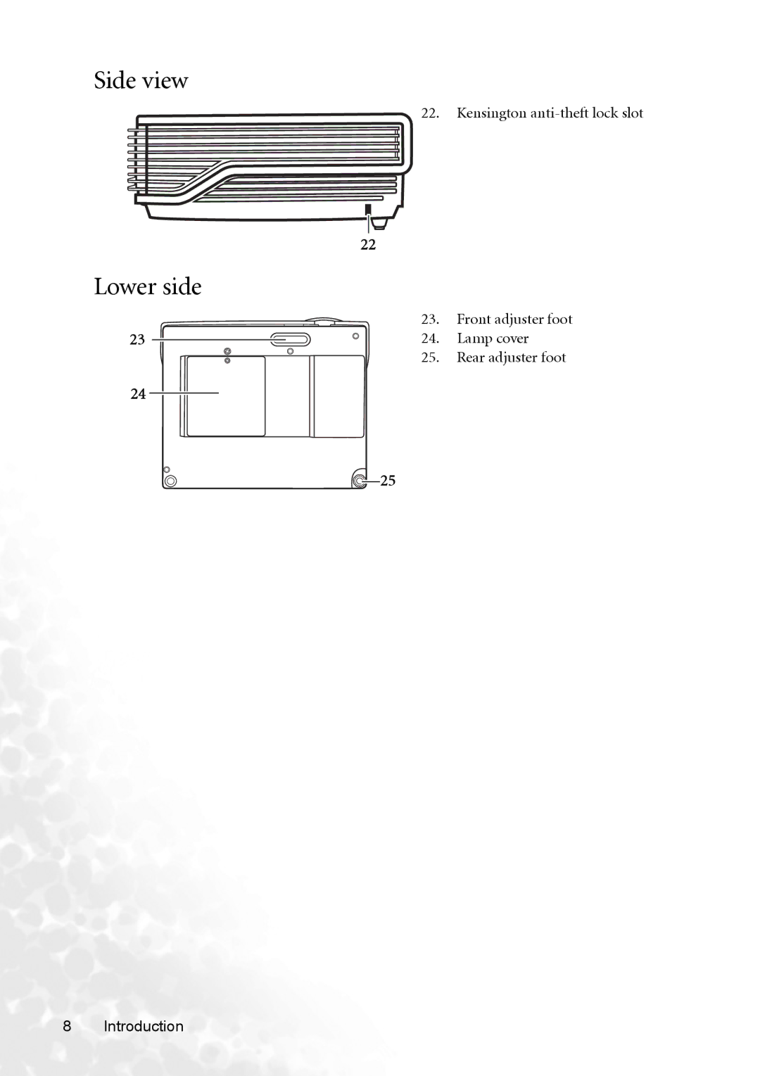 BenQ MP720 user manual Side view, Lower side, Kensington anti-theft lock slot, Lamp cover 