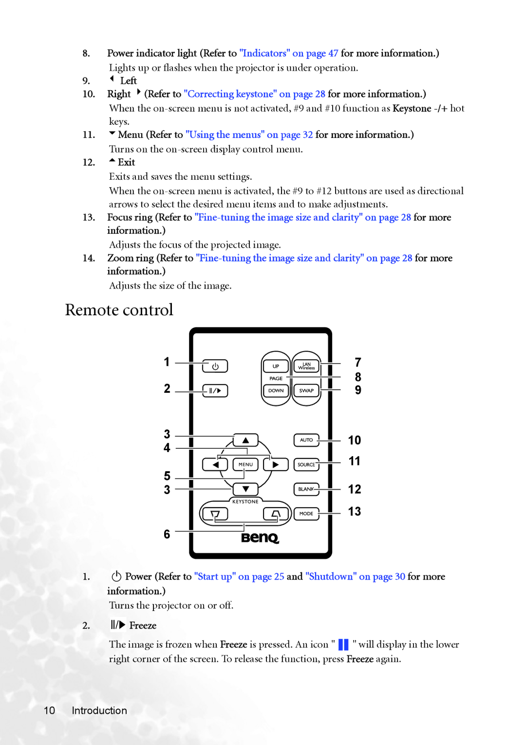 BenQ MP720 user manual Remote control, Exit, II/ Freeze 