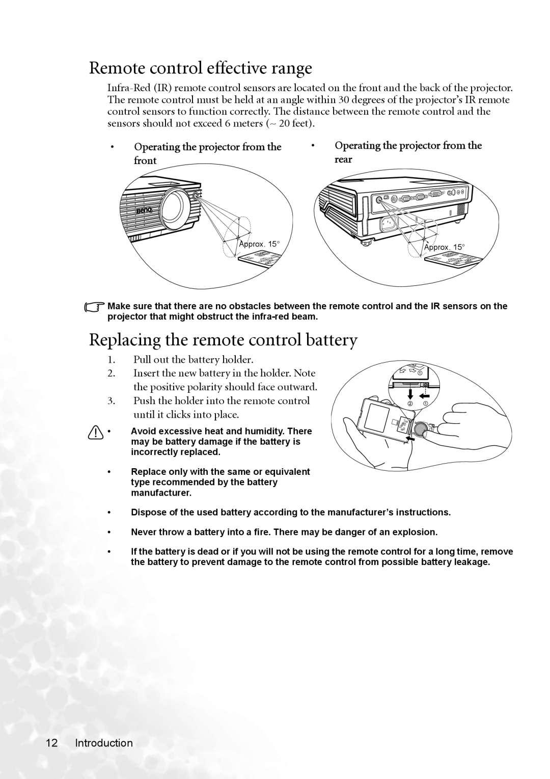 BenQ MP720 Remote control effective range, Replacing the remote control battery, Operating the projector from, Front Rear 