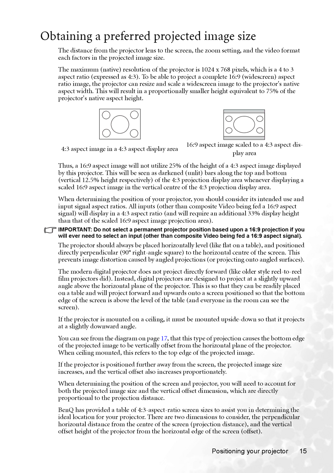 BenQ MP720 user manual Obtaining a preferred projected image size 