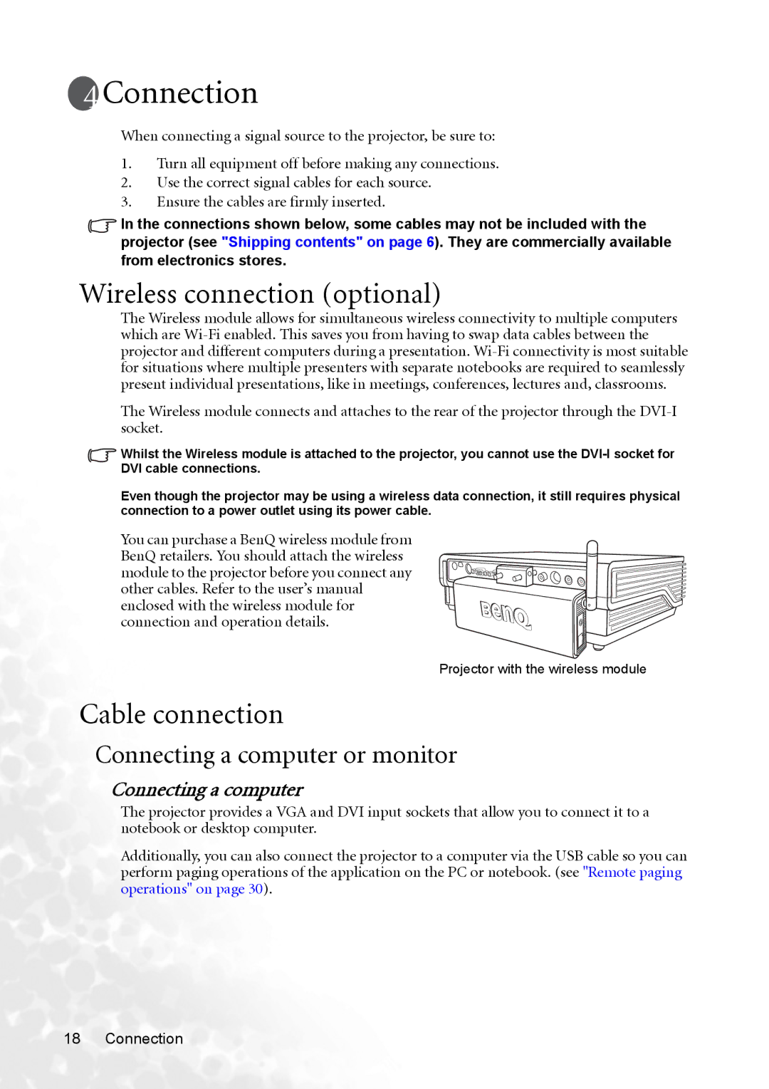 BenQ MP720 user manual Connection, Wireless connection optional, Cable connection, Connecting a computer or monitor 