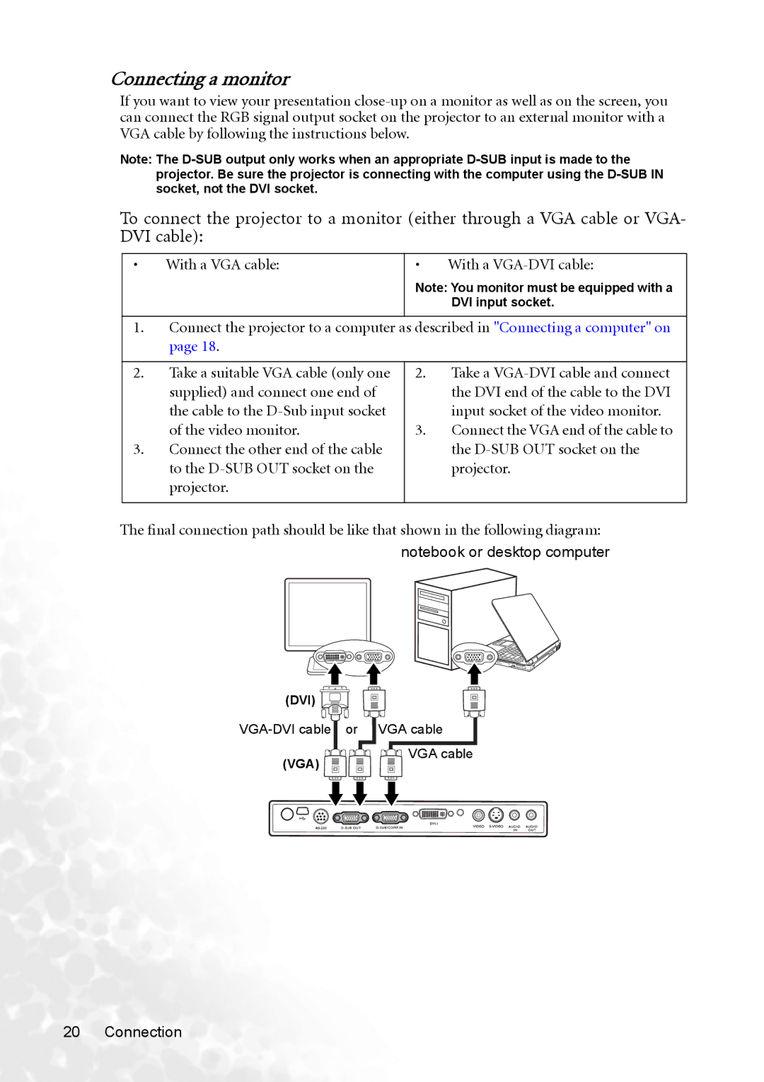 BenQ MP720 user manual Connecting a monitor, With a VGA cable With a VGA-DVI cable 