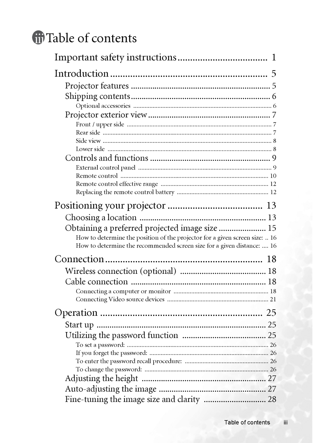 BenQ MP720 user manual Table of contents 