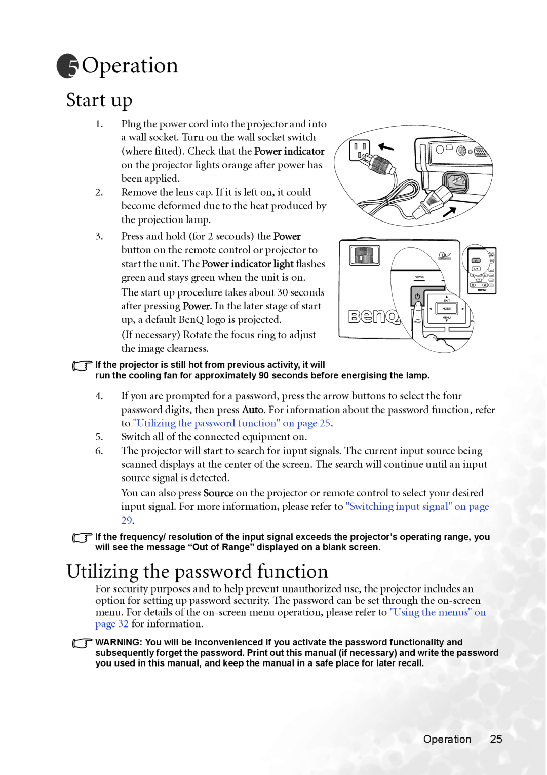 BenQ MP720 user manual Operation, Start up, Utilizing the password function 