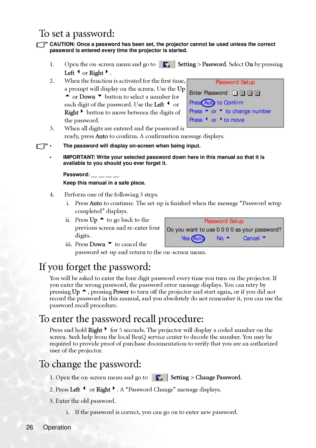 BenQ MP720 To set a password, If you forget the password, To enter the password recall procedure, To change the password 