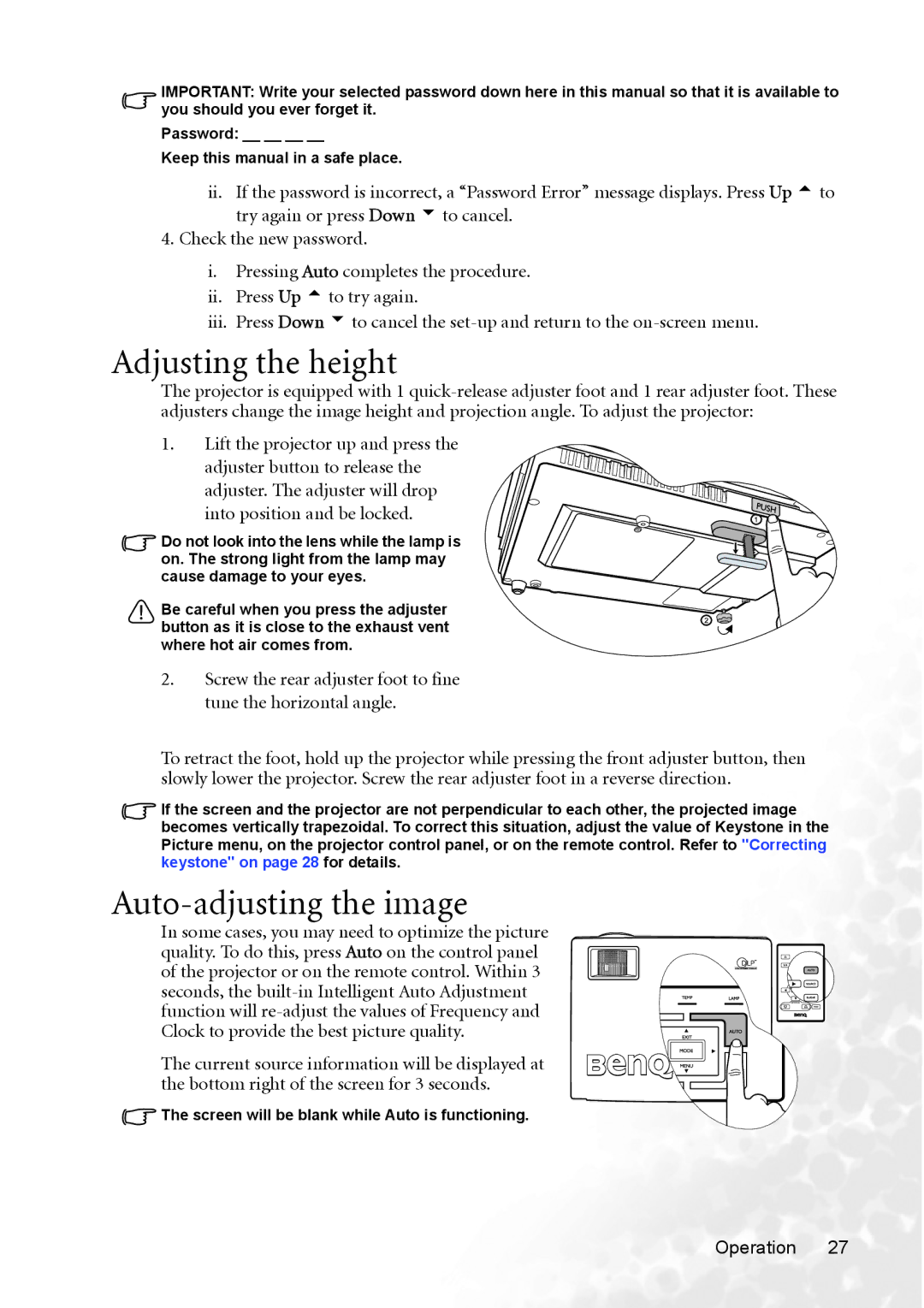 BenQ MP720 user manual Adjusting the height, Auto-adjusting the image 