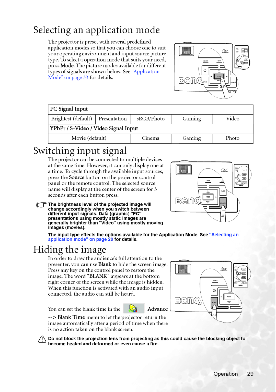 BenQ MP720 Selecting an application mode, Switching input signal, Hiding the image, Movie default Cinema Gaming Photo 