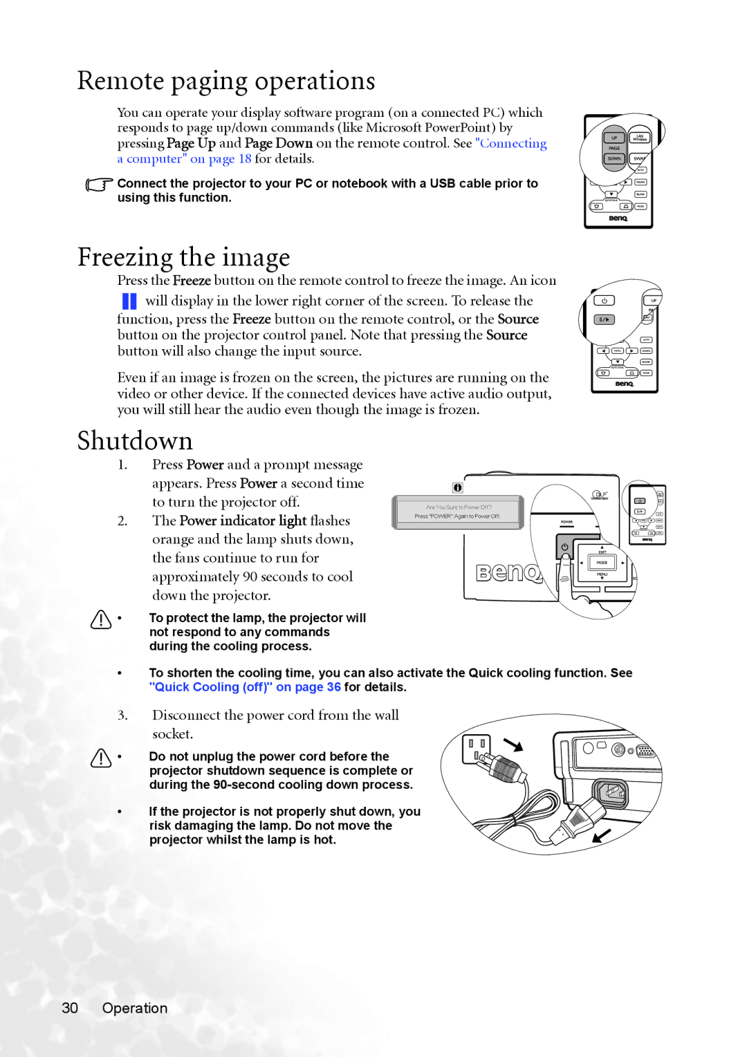 BenQ MP720 user manual Remote paging operations, Freezing the image, Shutdown, Power indicator light flashes 