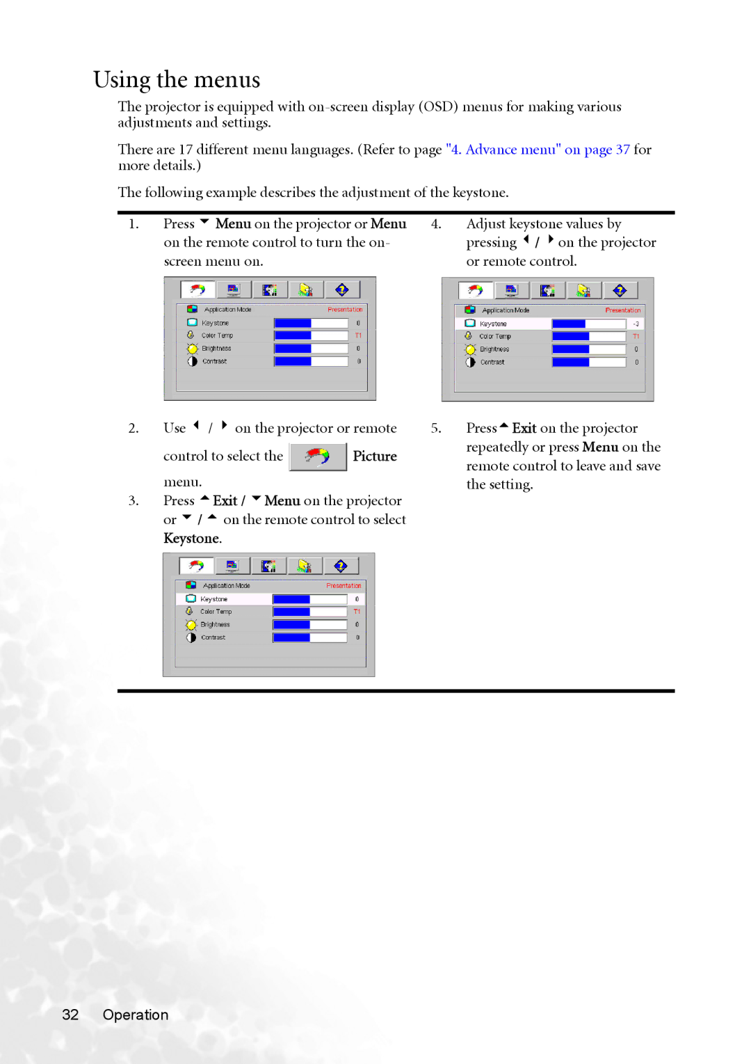 BenQ MP720 user manual Using the menus 