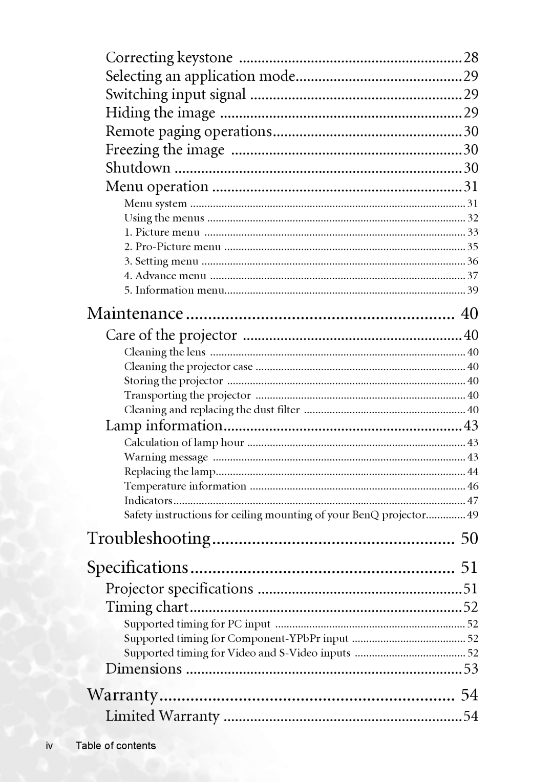 BenQ MP720 user manual Supported timing for Component-YPbPr input, Iv Table of contents 