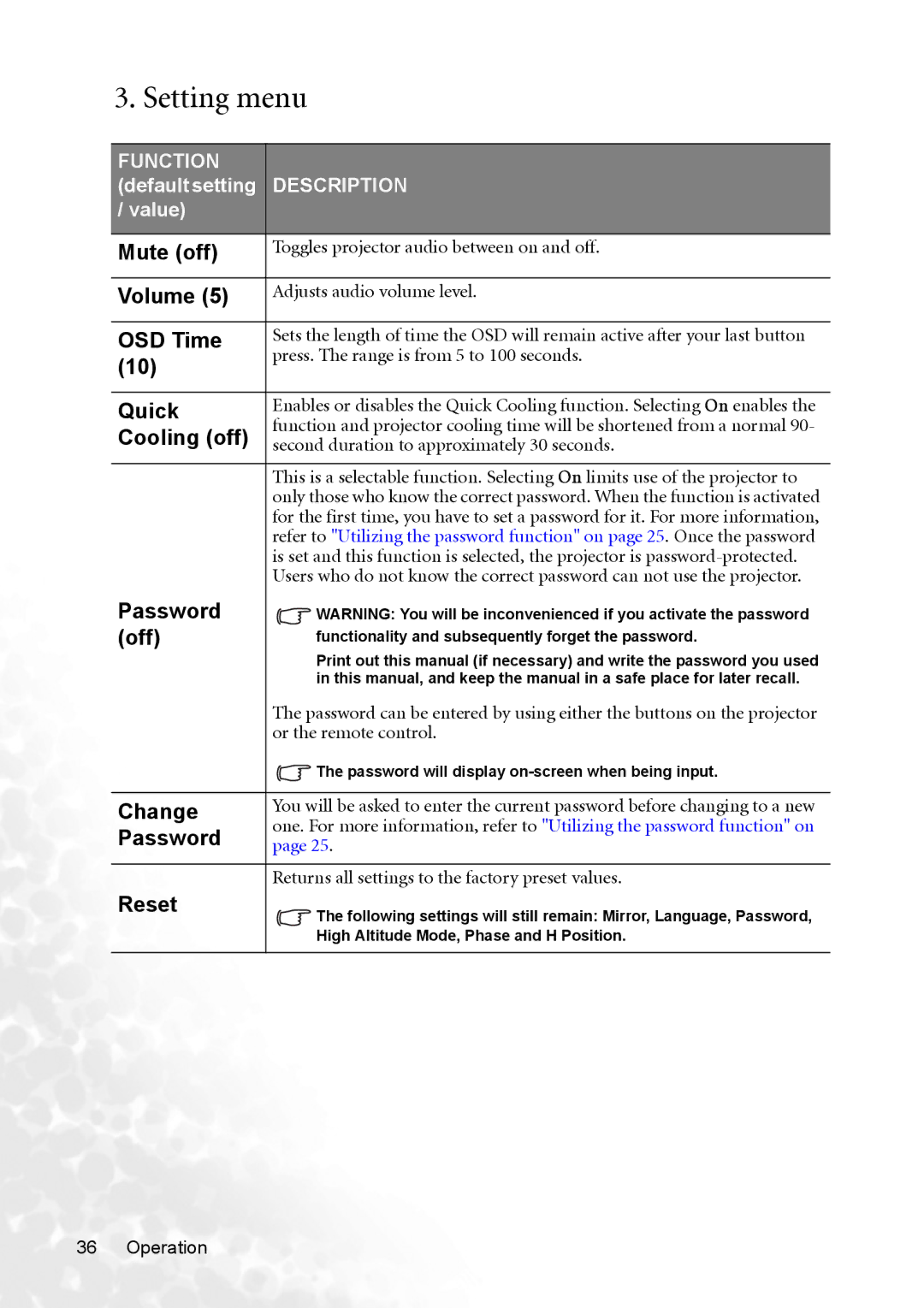 BenQ MP720 user manual Setting menu 