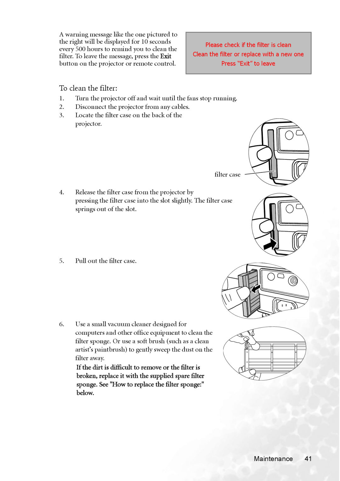 BenQ MP720 user manual To clean the filter 