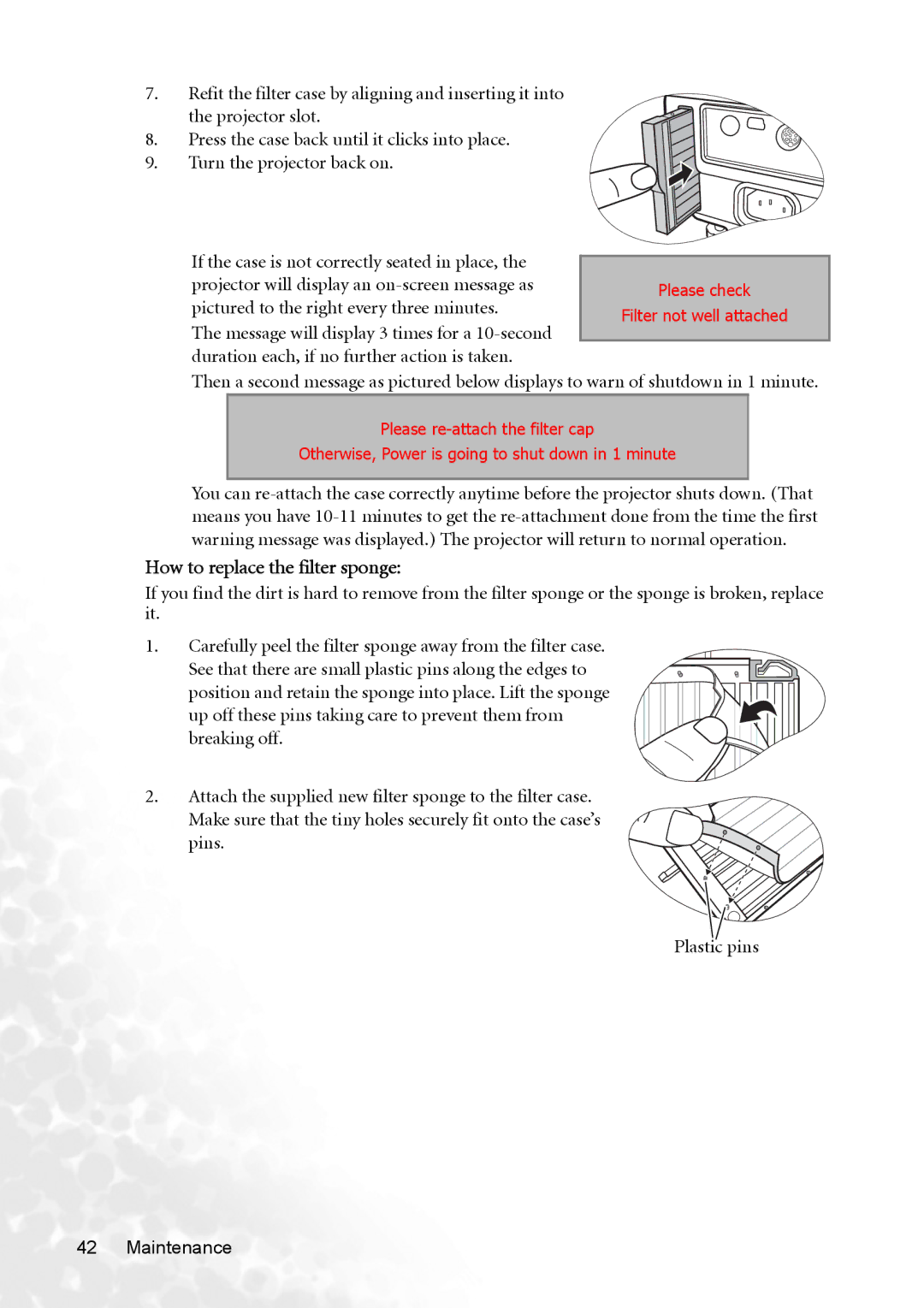 BenQ MP720 user manual How to replace the filter sponge 