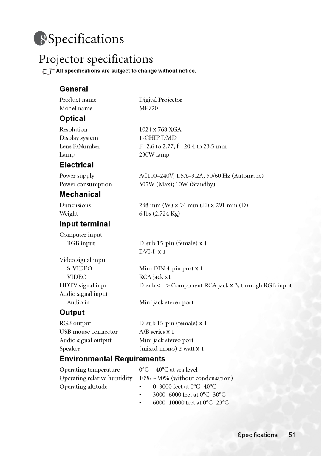 BenQ MP720 user manual Specifications, Projector specifications 