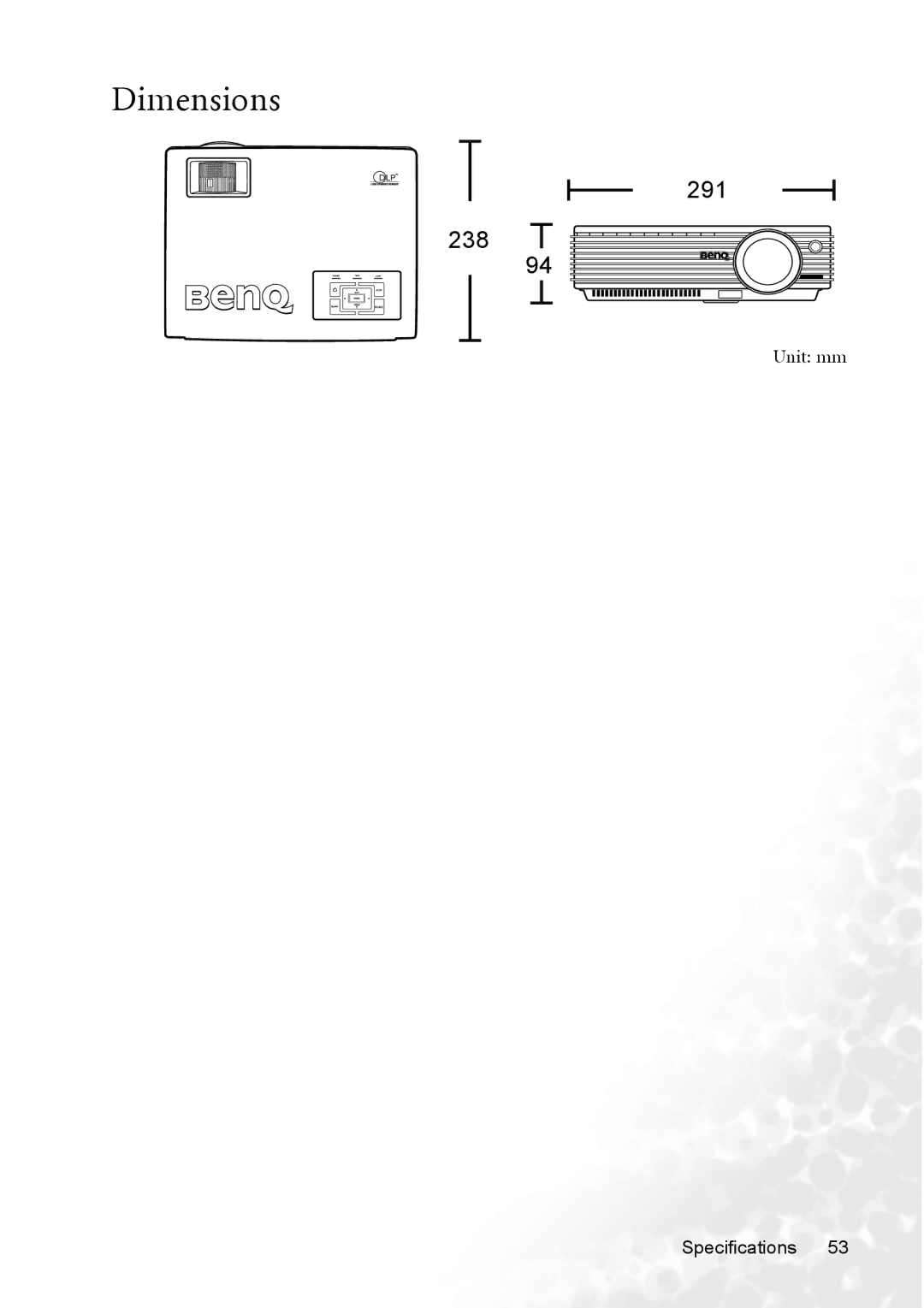 BenQ MP720 user manual Dimensions, Unit mm Specifications 