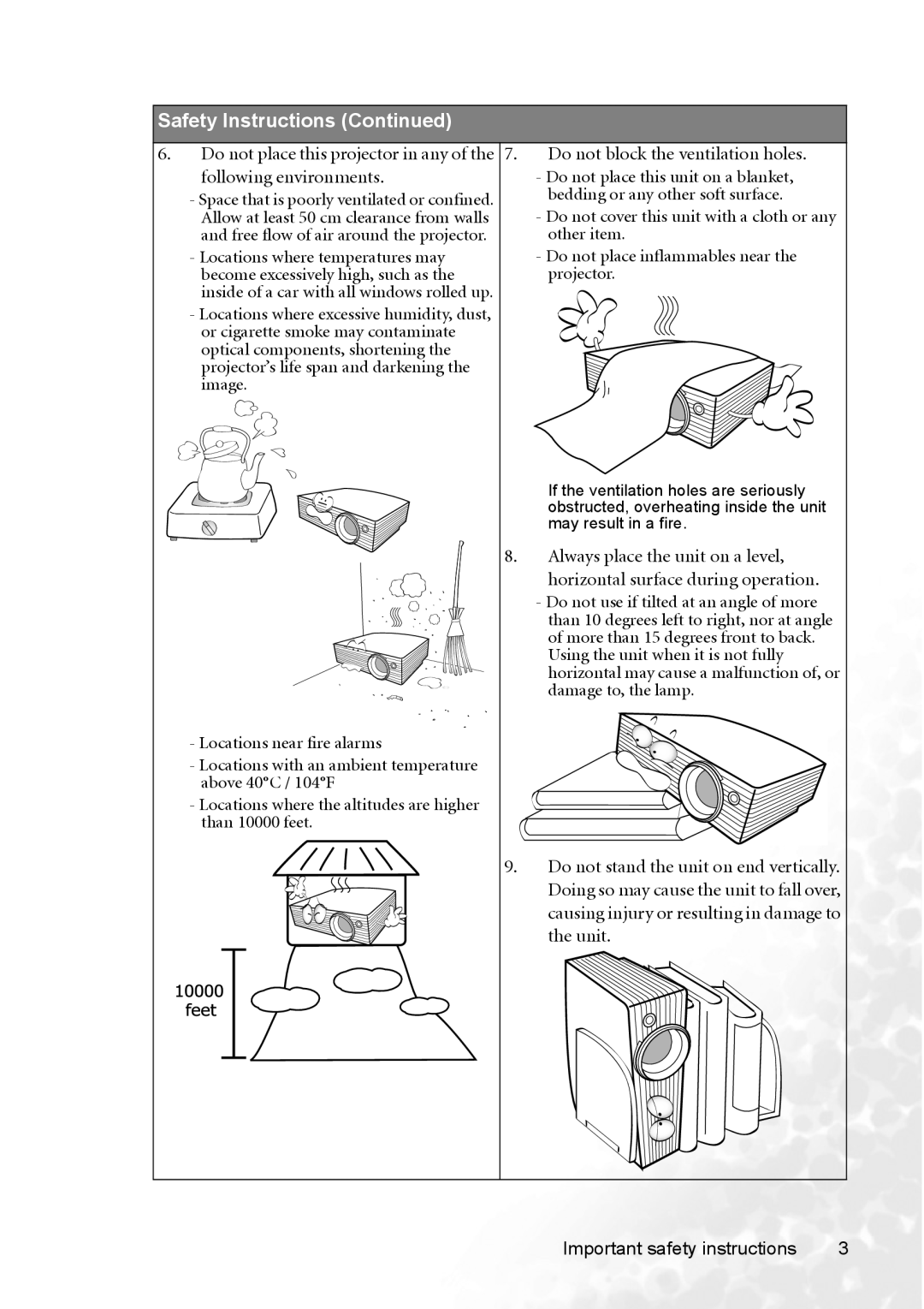 BenQ MP720 user manual Bedding or any other soft surface 