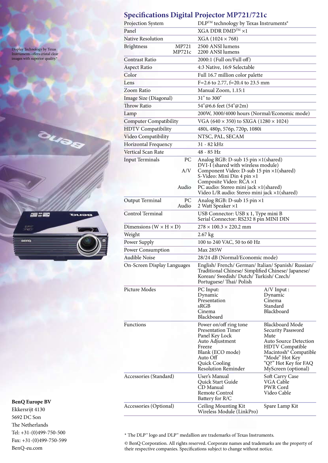 BenQ manual Specifications Digital Projector MP721/721c, XGA DDR Dmdtm ×1, NTSC, PAL, Secam 