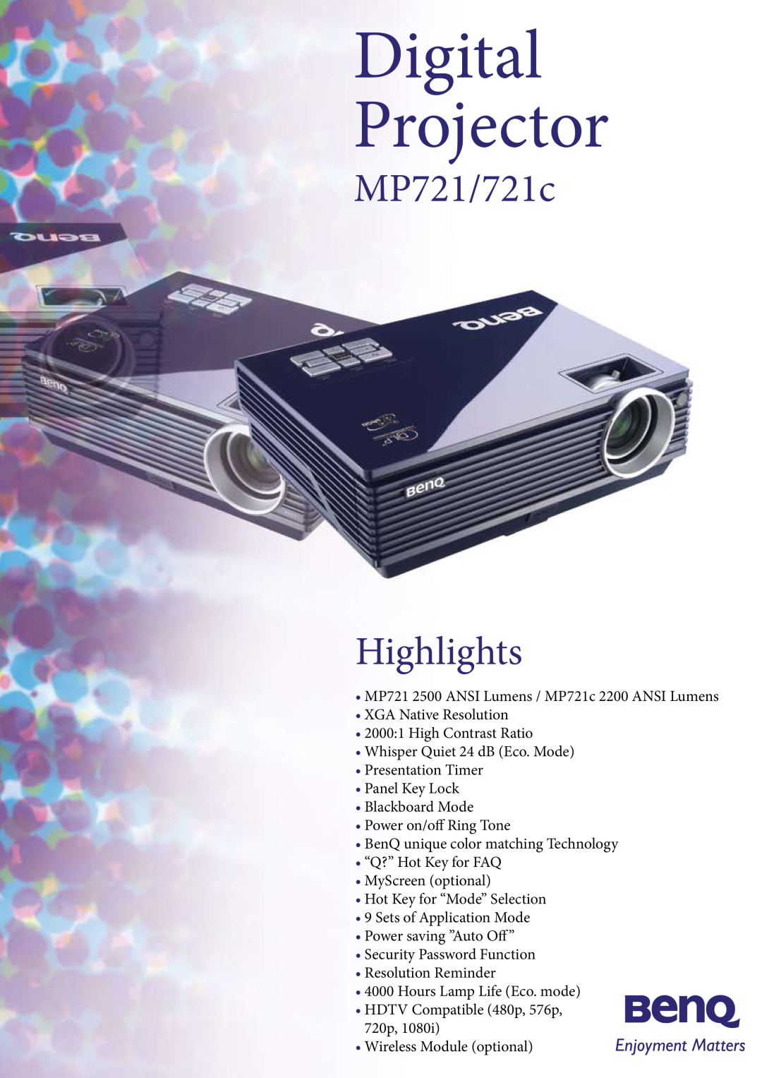 BenQ manual Digital Projector, MP721/721c Highlights 
