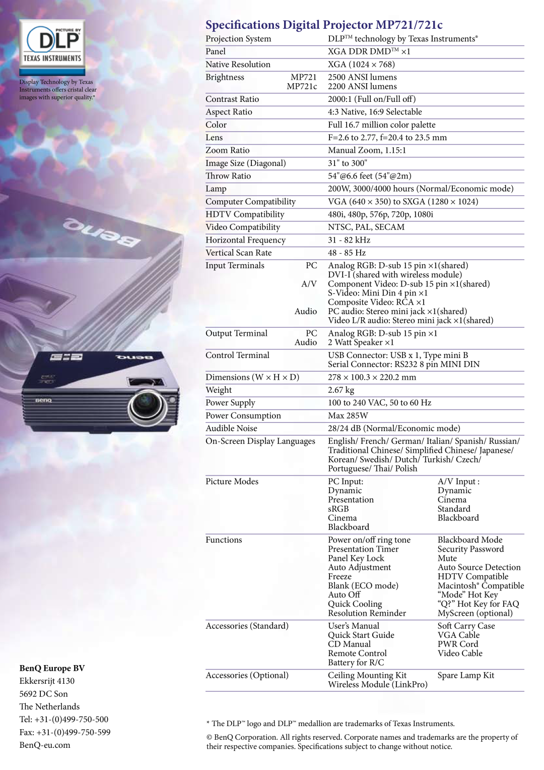 BenQ manual Specifications Digital Projector MP721/721c, BenQ Europe BV 