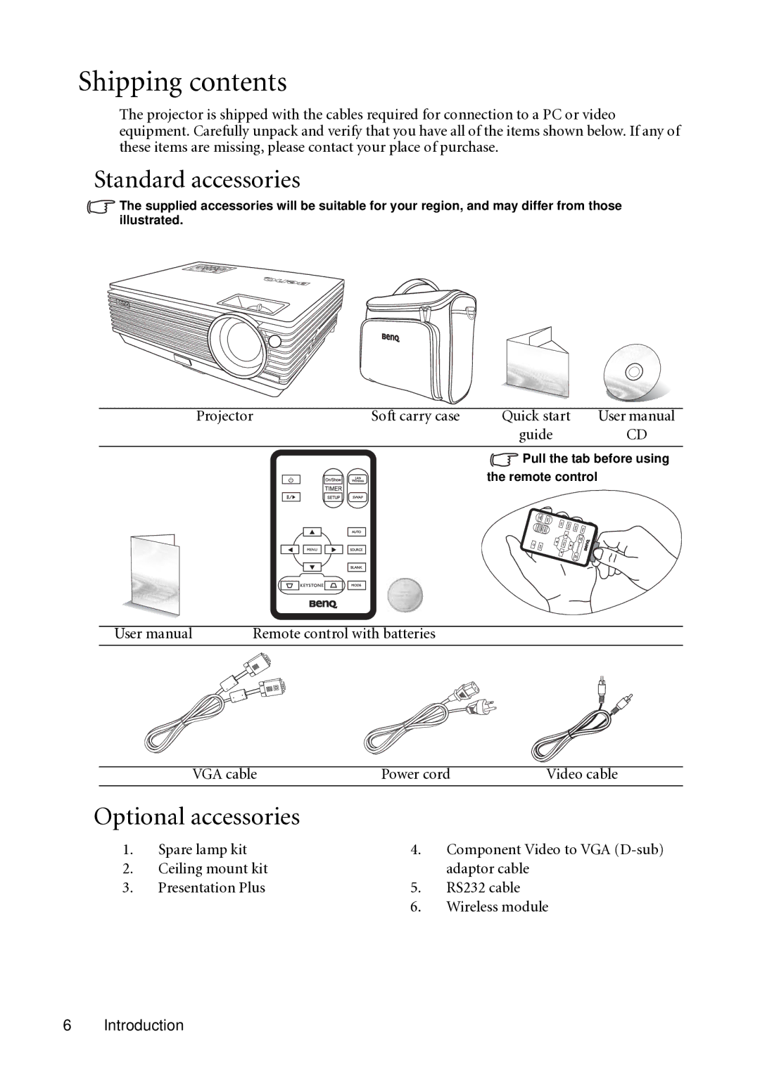 BenQ MP721C user manual Shipping contents 