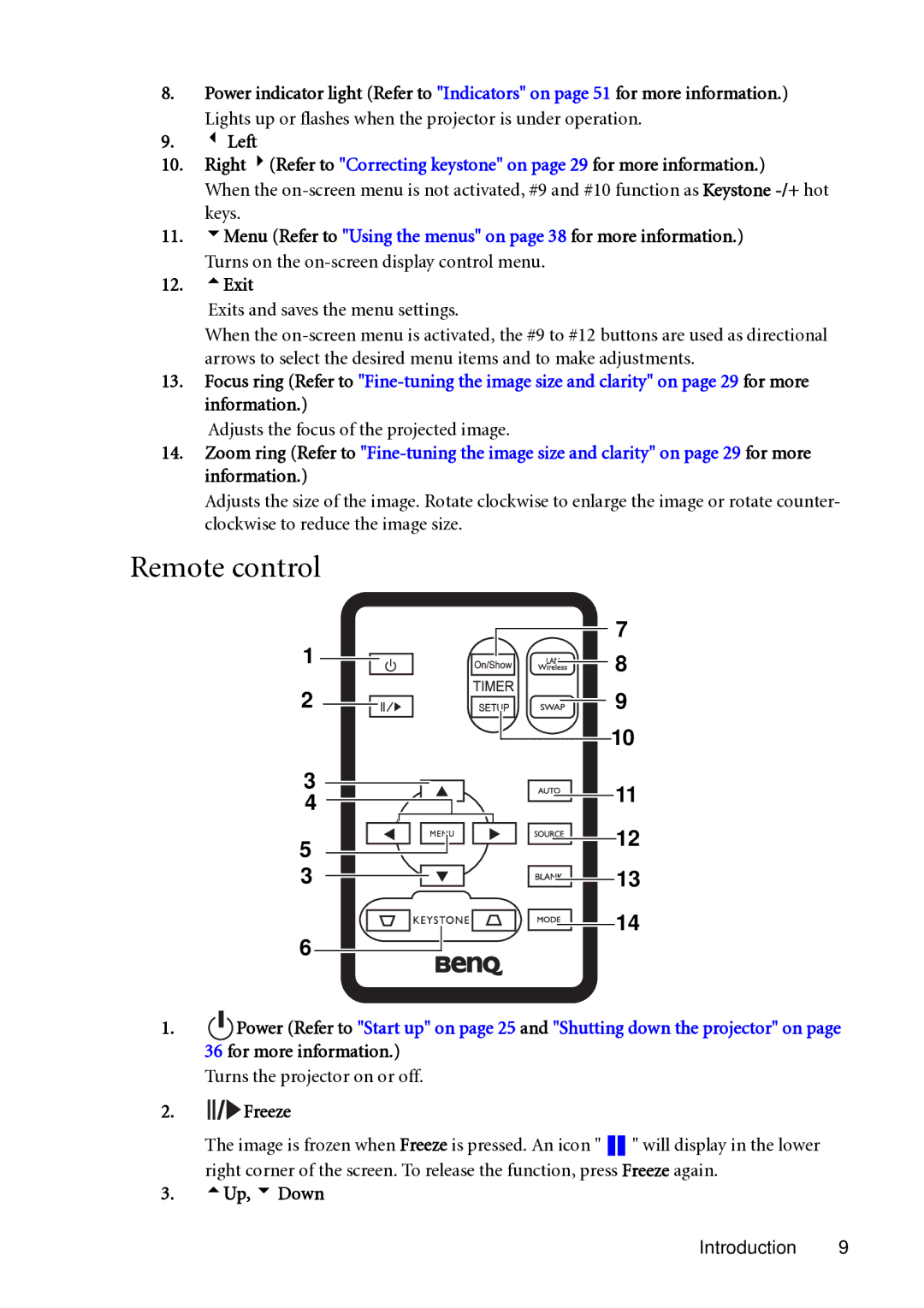 BenQ MP721C user manual Remote control, Exit, Adjusts the focus of the projected image, Freeze, 5Up, 6 Down 