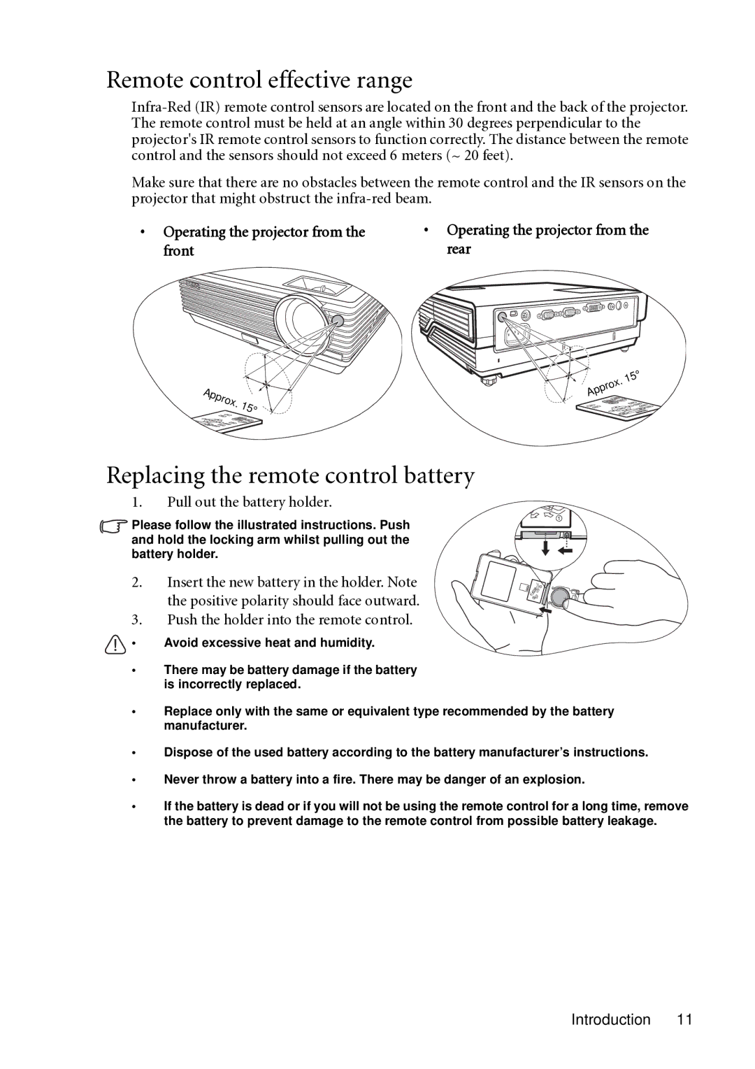 BenQ MP721C user manual Remote control effective range, Replacing the remote control battery, Pull out the battery holder 