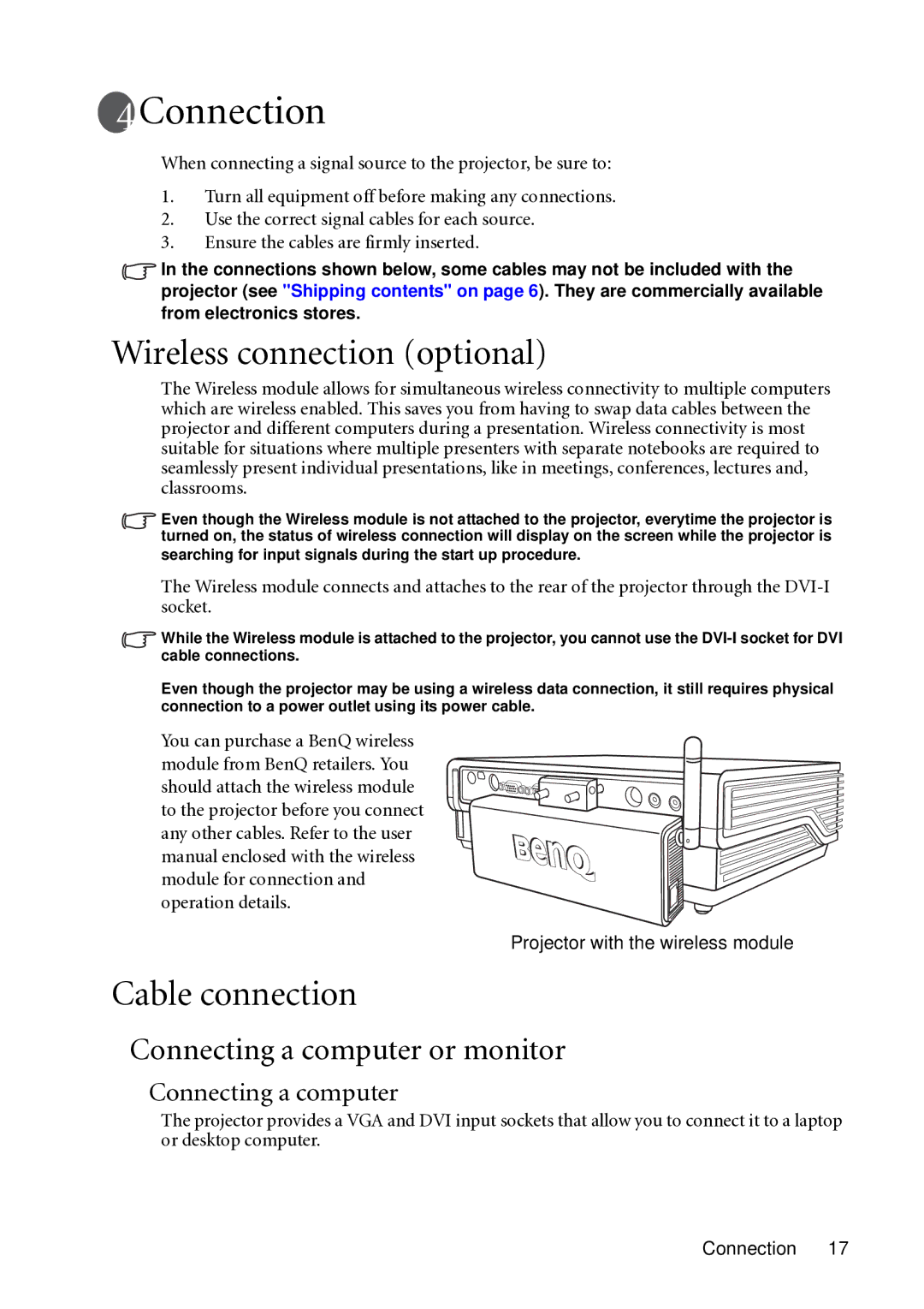 BenQ MP721C user manual Connection, Wireless connection optional, Cable connection, Connecting a computer or monitor 