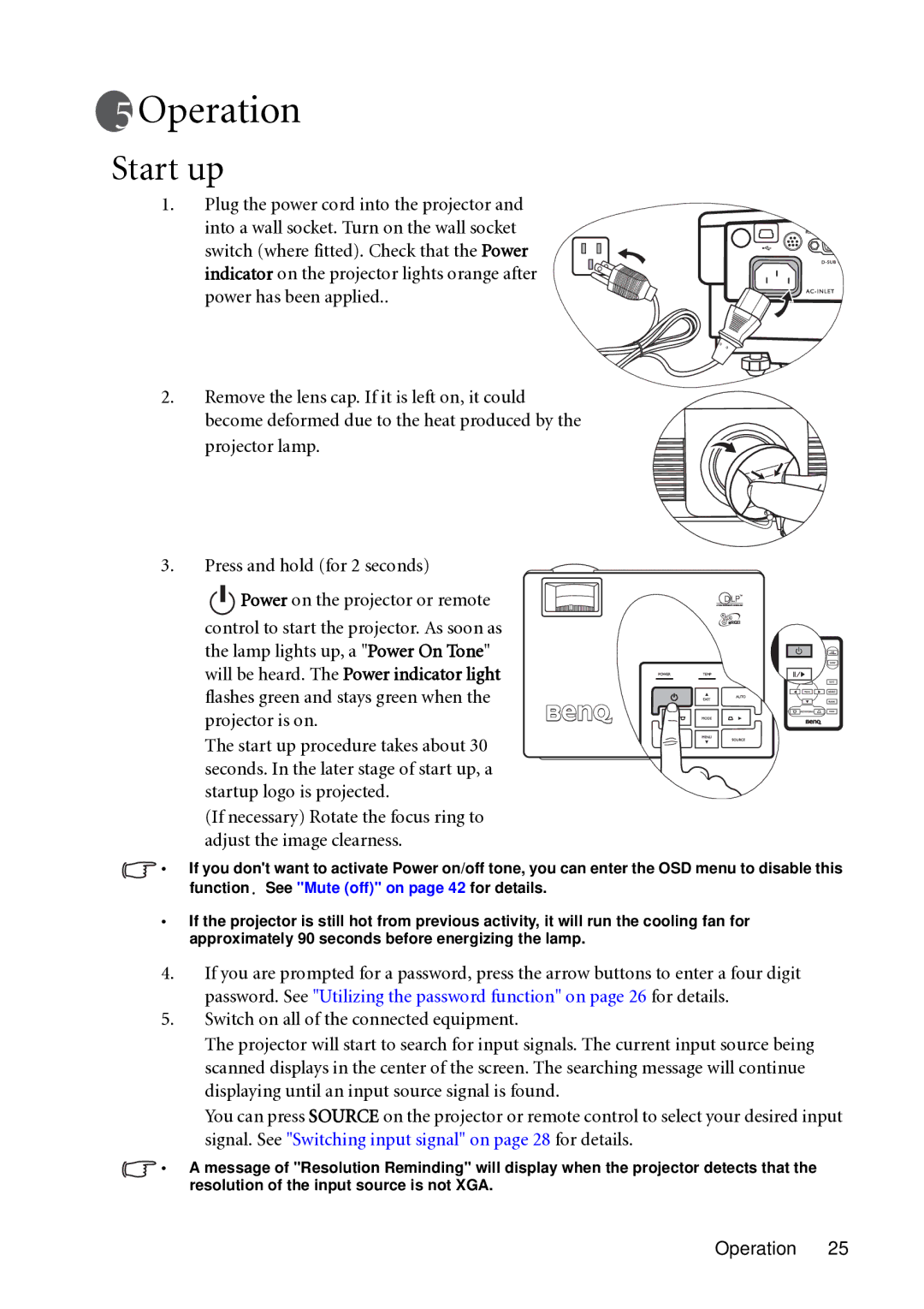 BenQ MP721C user manual Operation, Start up 