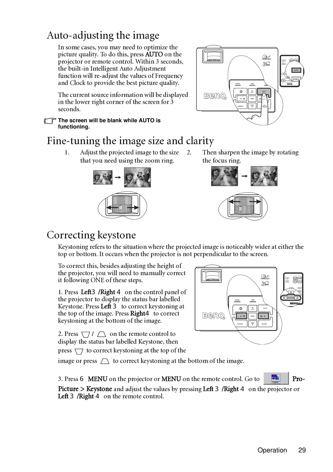 BenQ MP721C user manual Auto-adjusting the image, Fine-tuning the image size and clarity, Correcting keystone 